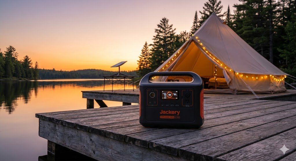 Jackery Explorer power station on a dock at sunset with bell tent and solar panel in background