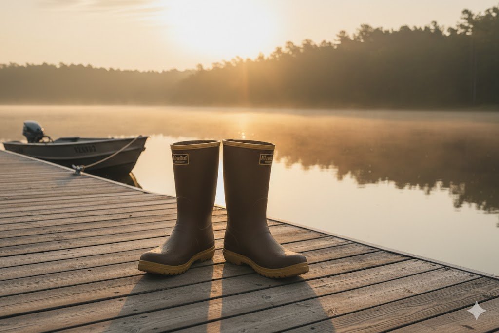 Xtratuf fishing boots on dock at sunrise with boat