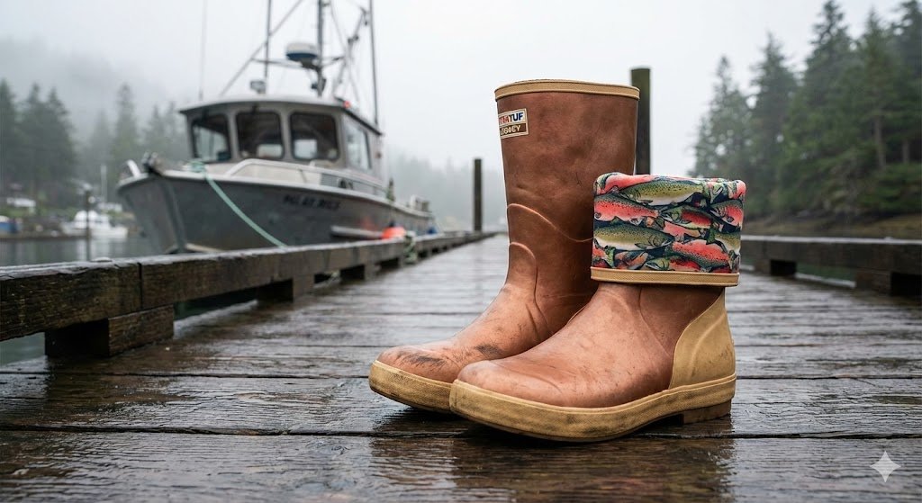 Xtratuf Legacy boots on a wet dock with fishing vessel in foggy background